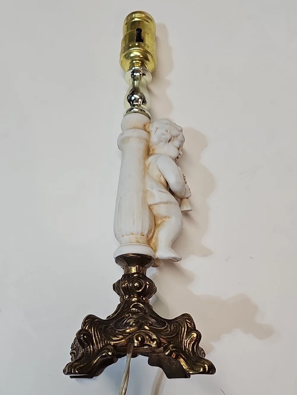 Vintage Midcentury Porcelain Bisque White Cherub Table Lamp with Brass Base